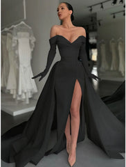 A-Line Evening Gown Elegant Dress Formal Court Train Long Sleeve Off Shoulder Satin with Buttons Pleats Slit