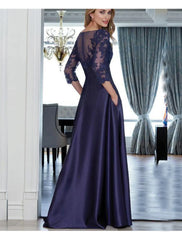 Aimishang A-Line Sheath/Column Mother of the Bride Dress Elegant Jewel Neck Floor Length Satin Evening Dress With Sleeves and Appliques