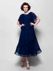 Aimishang  A-Line Mother of the Bride Dress Plus Size Elegant Cowl Neck Tea Length Chiffon Short Sleeve with Ruffles Crystal Brooch