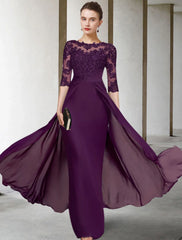 Sheath / Column Mother of the Bride Dress Elegant Plus Size Jewel Neck V Neck Floor Length Chiffon Lace Half Sleeve with Ruched Appliques