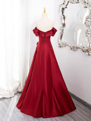 A-Line Off Shoulder Satin Burgundy Long Prom Dress, Burgundy Long Formal Dress