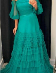 A-Line Prom Dresses Elegant Dress Formal Sweep / Brush Train Half Sleeve Strapless Tulle with Pleats Ruched Ruffles