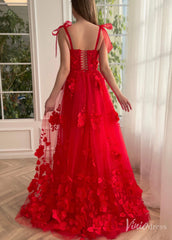 Red 3D Flower Prom Dresses with Pockets Bow Strap Floral Gown with Slit TO018