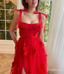 Red 3D Flower Prom Dresses with Pockets Bow Strap Floral Gown with Slit TO018