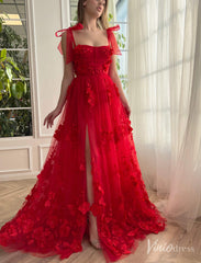 Red 3D Flower Prom Dresses with Pockets Bow Strap Floral Gown with Slit TO018