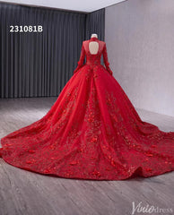 Red Beaded Lace Applique Wedding Gown Long Sleeve Quinceanera Dress 231081b
