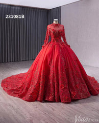 Red Beaded Lace Applique Wedding Gown Long Sleeve Quinceanera Dress 231081b