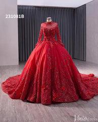 Red Beaded Lace Applique Wedding Gown Long Sleeve Quinceanera Dress 231081b