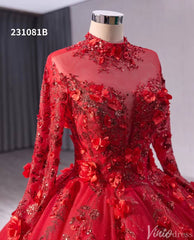 Red Beaded Lace Applique Wedding Gown Long Sleeve Quinceanera Dress 231081b