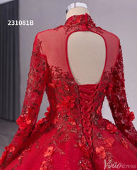 Red Beaded Lace Applique Wedding Gown Long Sleeve Quinceanera Dress 231081b