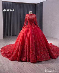 Red Beaded Lace Applique Wedding Gown Long Sleeve Quinceanera Dress 231081b