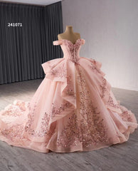 Red Beaded Lace Tiered Wedding Gowns Removable Overskirt Off the Shoulder Quince Dress 241071