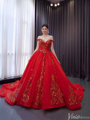 Red Beaded Lace Tiered Wedding Gowns Removable Overskirt Off the Shoulder Quince Dress 241071