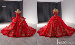 Red Beaded Lace Tiered Wedding Gowns Removable Overskirt Off the Shoulder Quince Dress 241071