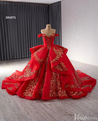 Red Beaded Lace Tiered Wedding Gowns Removable Overskirt Off the Shoulder Quince Dress 241071