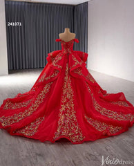 Red Beaded Lace Tiered Wedding Gowns Removable Overskirt Off the Shoulder Quince Dress 241071