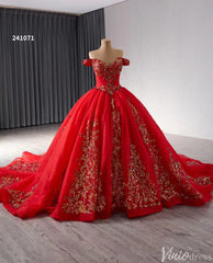 Red Beaded Lace Tiered Wedding Gowns Removable Overskirt Off the Shoulder Quince Dress 241071
