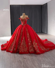 Red Beaded Lace Tiered Wedding Gowns Removable Overskirt Off the Shoulder Quince Dress 241071