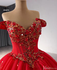 Red Beaded Lace Tiered Wedding Gowns Removable Overskirt Off the Shoulder Quince Dress 241071