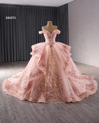 Red Beaded Lace Tiered Wedding Gowns Removable Overskirt Off the Shoulder Quince Dress 241071