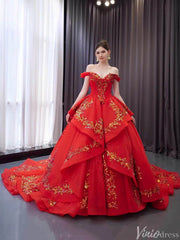 Red Beaded Lace Tiered Wedding Gowns Removable Overskirt Off the Shoulder Quince Dress 241071