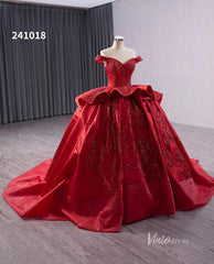Red Beaded Lace Wedding Dresses Off the Shoulder Tiered Quinceanera Dress 241018