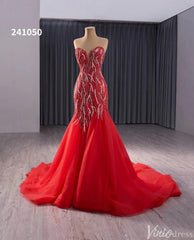 Red Beaded Mermaid Wedding Gown Strapless Sweetheart Neck Bridal Dress 241050