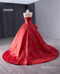 Red Beaded Satin Wedding Dresses Strapless Quinceanera Dress 241010
