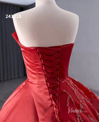Red Beaded Satin Wedding Dresses Strapless Quinceanera Dress 241010