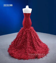 Red Feather Mermaid Wedding Dresses Strapless Pageant Dress 222198
