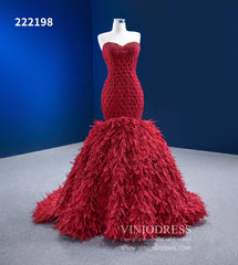 Red Feather Mermaid Wedding Dresses Strapless Pageant Dress 222198