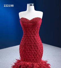 Red Feather Mermaid Wedding Dresses Strapless Pageant Dress 222198