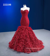 Red Feather Mermaid Wedding Dresses Strapless Pageant Dress 222198