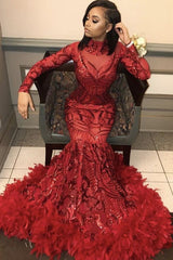 Red Mermaid Sequins Long Sleevess High Neck Prom Dresses