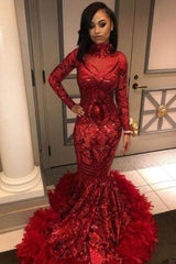 Red Mermaid Sequins Long Sleevess High Neck Prom Dresses