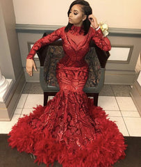Red Mermaid Sequins Long Sleevess High Neck Prom Dresses