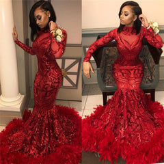 Red Mermaid Sequins Long Sleevess High Neck Prom Dresses