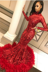 Red Mermaid Sequins Long Sleevess High Neck Prom Dresses