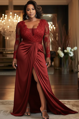 V-Neck Black Mother of the Bride Dress Long Sleeves lace Front Slit Wedding Guest Dress