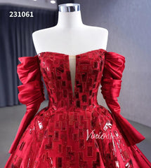 Red Off the Shoulder Sequin Quinceanera Dresses Long Sleeve Formal Gown 231061