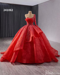 Red One Shoulder Overskirt Wedding Gown Beaded Lace Quinceanera Dress 241062