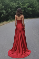 Simple A Line Red Satin Prom Dresses Long with High Slit Formal Graduation Evening Dresses
