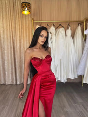Red Satin Mermaid Prom Dresses 2025 Sweetheart Neck Formal Gown with High Slit FD5260