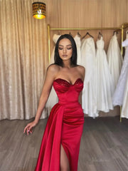 Red Satin Mermaid Prom Dresses 2025 Sweetheart Neck Formal Gown with High Slit FD5260
