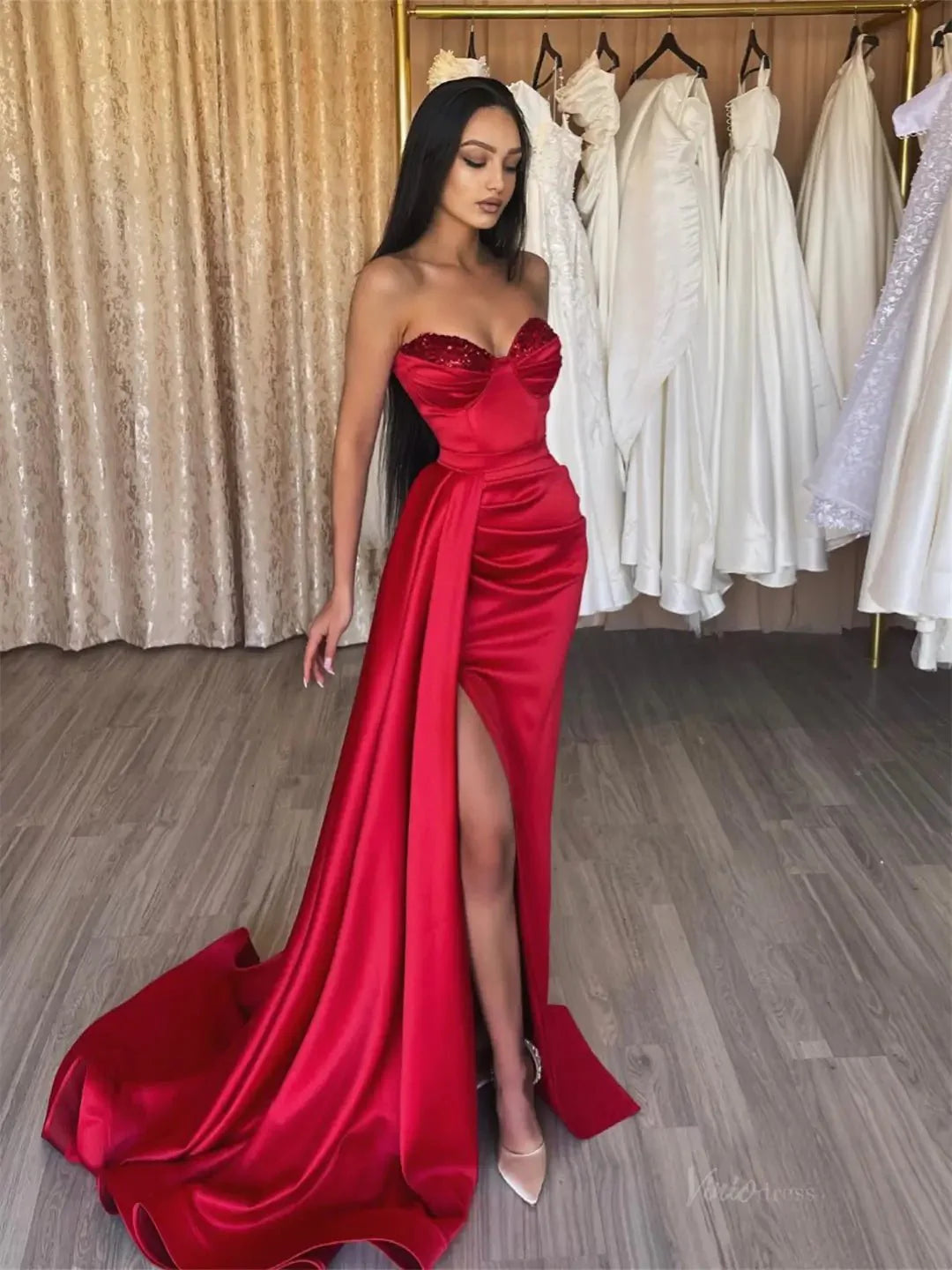 Red Satin Mermaid Prom Dresses 2025 Sweetheart Neck Formal Gown with High Slit FD5260