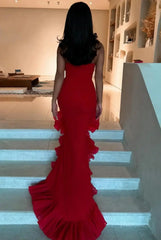 Red Satin Mermaid Prom Dresses 2025 with Ruffled Slit – FD5085