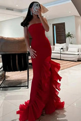 Red Satin Mermaid Prom Dresses 2025 with Ruffled Slit – FD5085