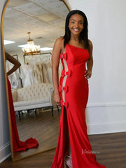 Red Satin One Shoulder Prom Dresses with Slit & Bow-Tie - FD6042