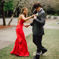 Red Satin Prom Dresses Mermaid Spaghetti Strap Formal Gown FD3287