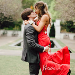 Red Satin Prom Dresses Mermaid Spaghetti Strap Formal Gown FD3287